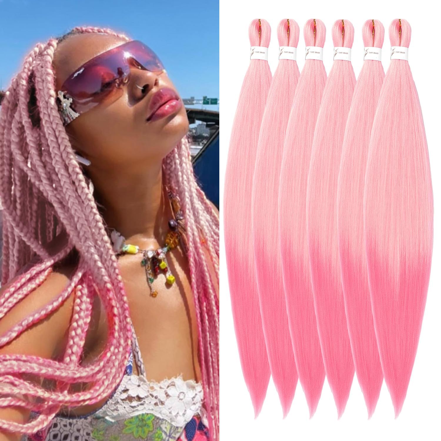 YDDM Meches Pour Tresses Africaine Rose et blanc Rajout Cheveux Tresses Texture Yaki Easy Install pour Debutants 20 Pouces 3 Paquets Cheveux Legers Naturels pour Box Braids Twist Crochet Styles