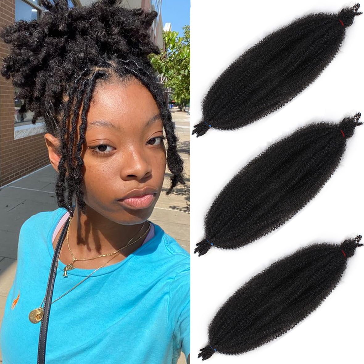 Leeven 16 Pouces Pre Separated Springy Twist Hair 8 Packs Pre-Fluffed Popping Crochet for Distressed Locs Afro Kinky Curly Marley Braiding Hair Extensions /1B#