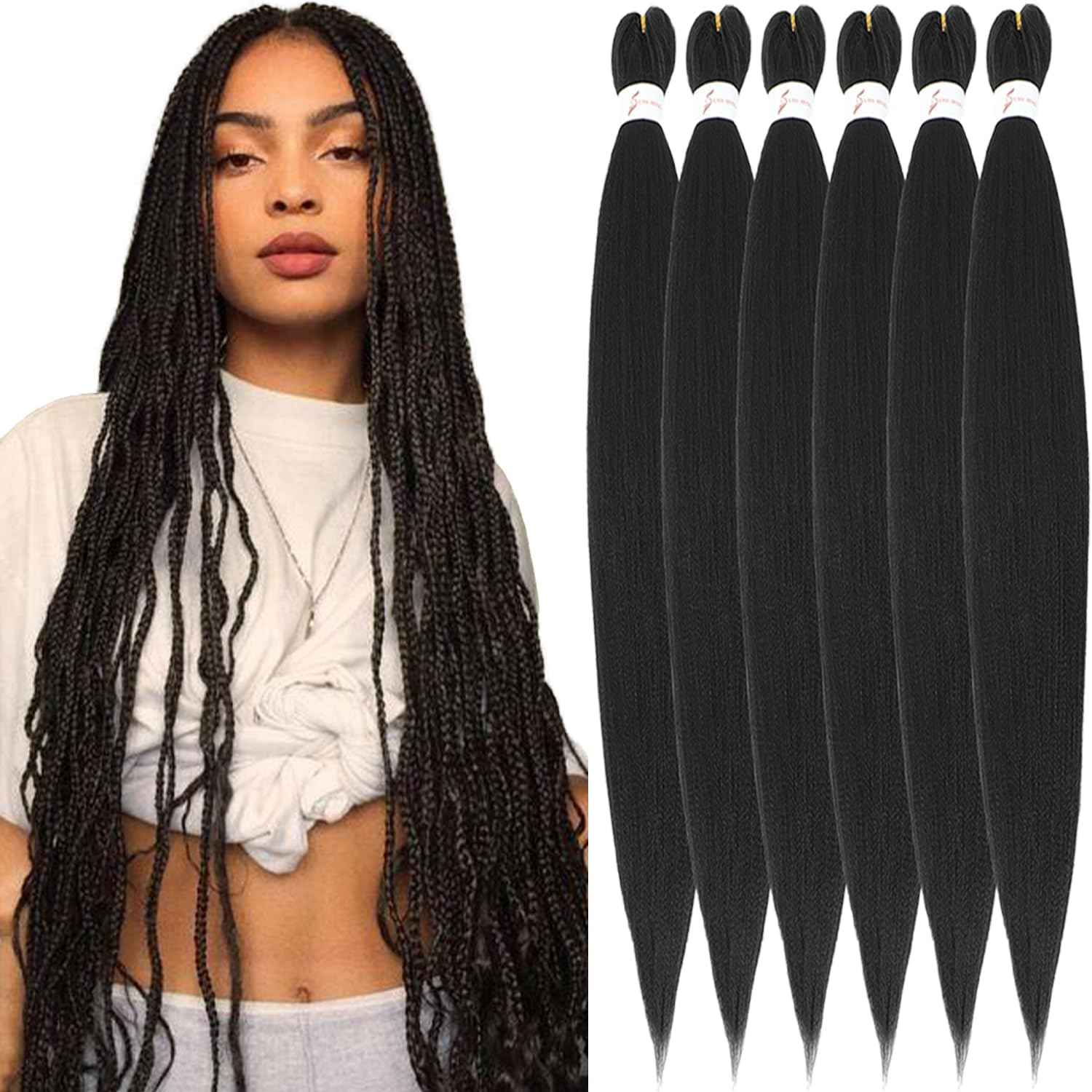 Rajout Cheveux Tressés Pré-étirés Noir Naturelles Black 30 Pouces Long Kanekalon Easy Braids Meches Cheveux pour Tresses Africaine 6 Paquets Knotless Yaki Nattes Extensions de Cheveux(1B#)