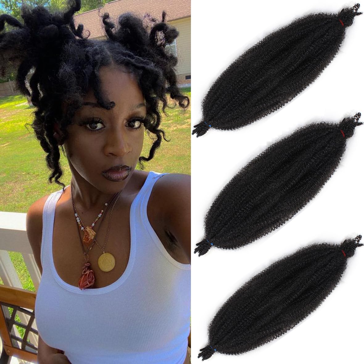 Leeven 16 Pouces Pre Separated Springy Twist Hair 8 Packs Pre-Fluffed Popping Crochet for Distressed Locs Afro Kinky Curly Marley Braiding Hair Extensions /1B#