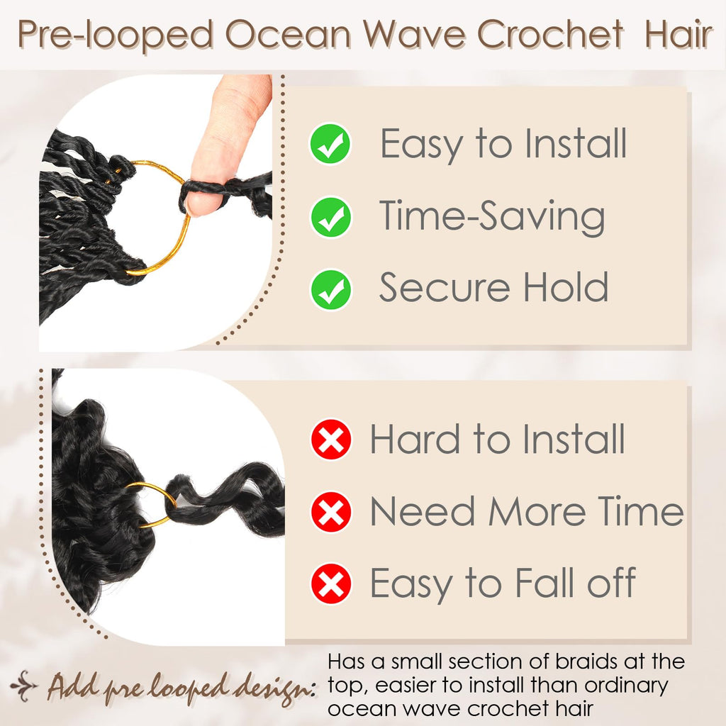 Enbeautiful 14 Inch 8 Packs Pre-Looped Ocean Wave Crochet Hair Pre-Twisted Deep Water Beach Curly Braiding Hair Synthetic Boho Wavy Curly Hair Extensions for Women（14 Inch,TBug）