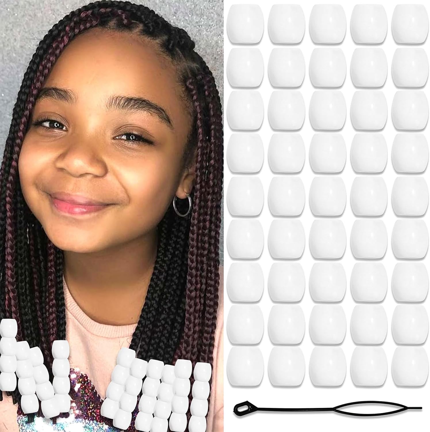 50PCS Perles à Cheveux Transparentes pour Tresses, Grosses Perles en Acrylique, Accessoires pour Dreadlocks, Bijoux pour Cheveux pour Enfants Filles avec Aide à