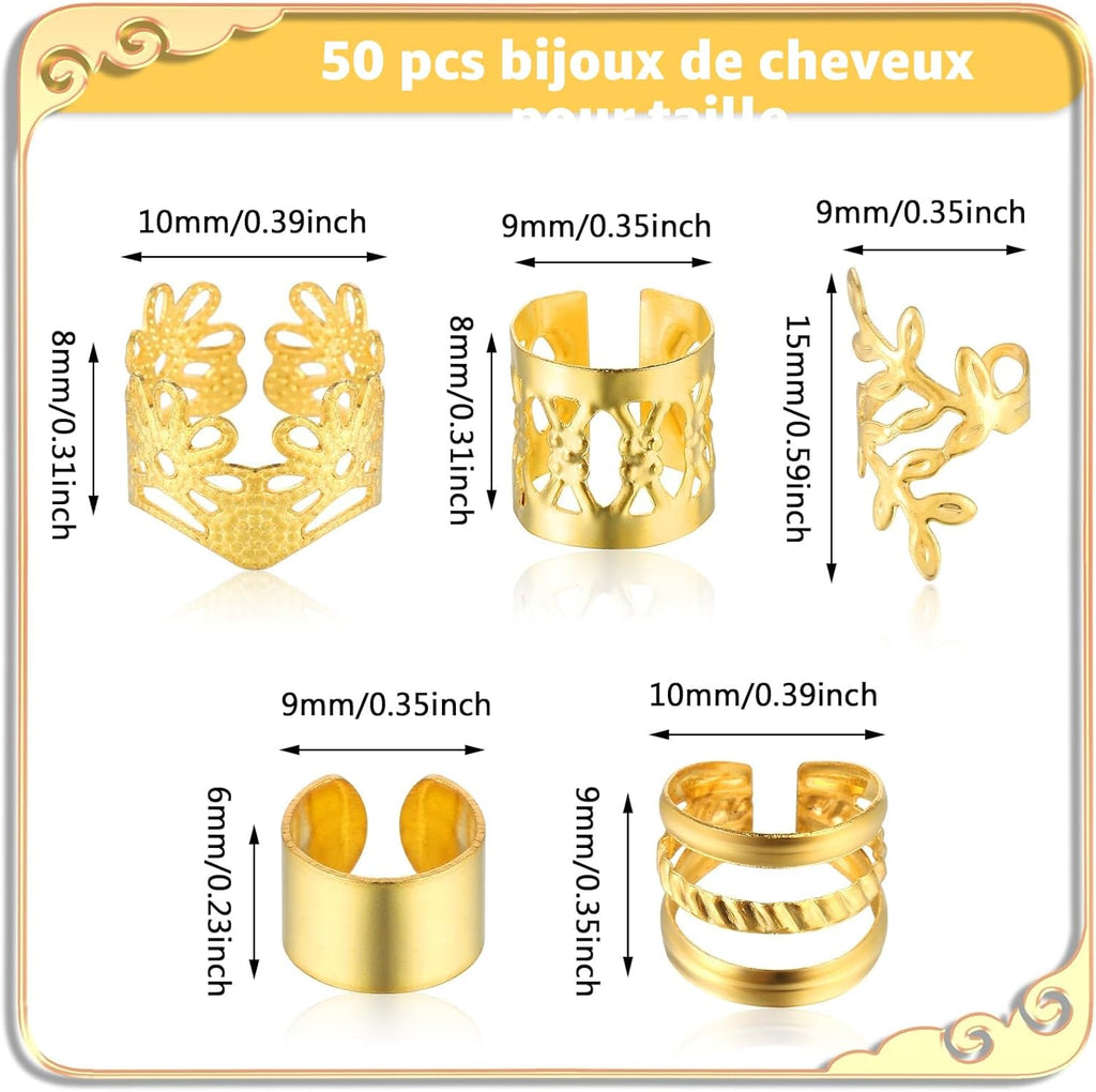 Tyqour Lot de 50 Pièces Bijoux Cheveux Tresse Doré, Bijoux de Cheveux, à Cheveux Dorées Pour Tresses, Accessoires Pour Dreadlocks, Accessoires Pour Dreadlocks, Pour Hommes, Femmes