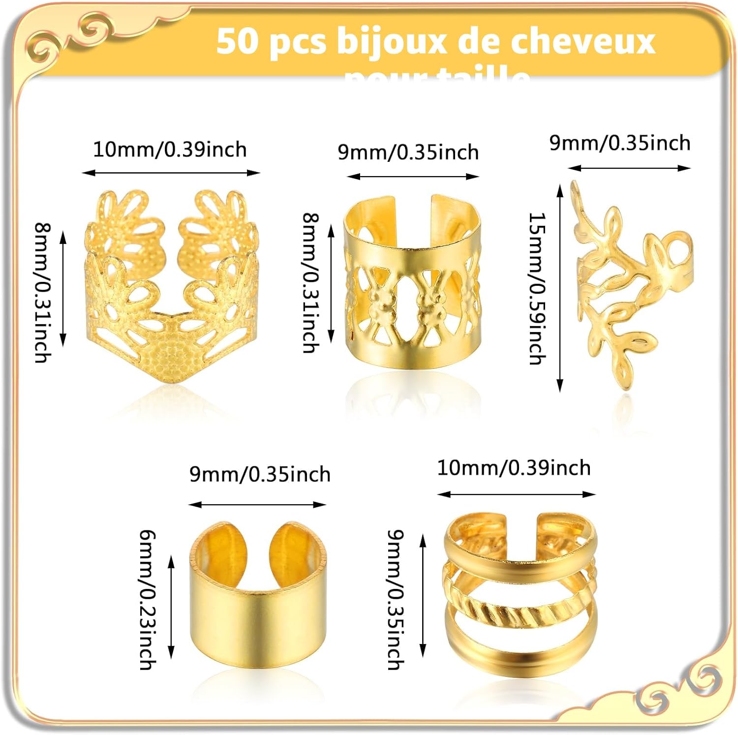 Tyqour Lot de 50 Pièces Bijoux Cheveux Tresse Doré, Bijoux de Cheveux, à Cheveux Dorées Pour Tresses, Accessoires Pour Dreadlocks, Accessoires Pour Dreadlocks, Pour Hommes, Femmes
