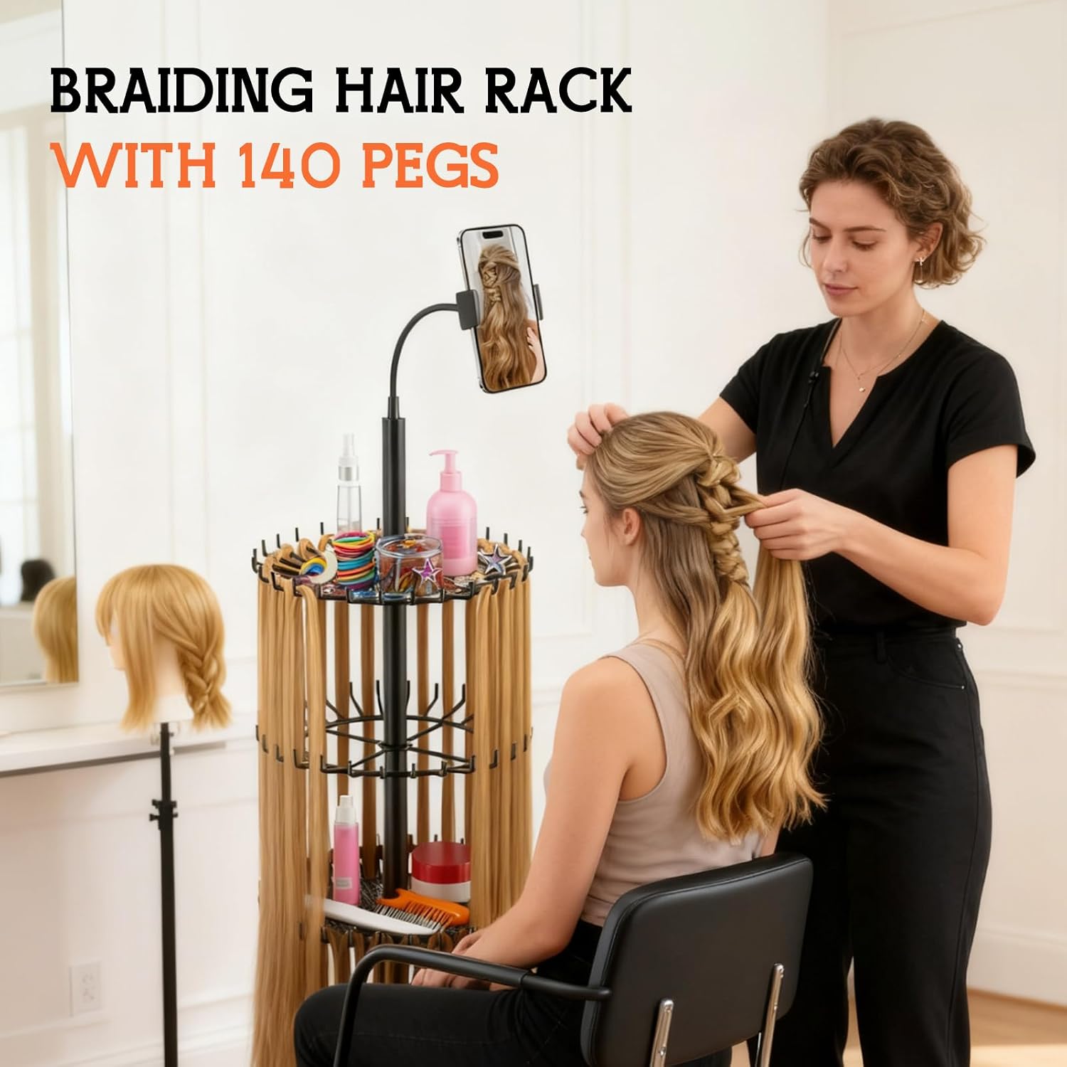 JAOGAUS Support de Perruque, Porte Perruques avec Support pour Téléphone, Réglable en Hauteur avec 140 Pinces pour le Rangement des Perruques, Extension de Cheveux