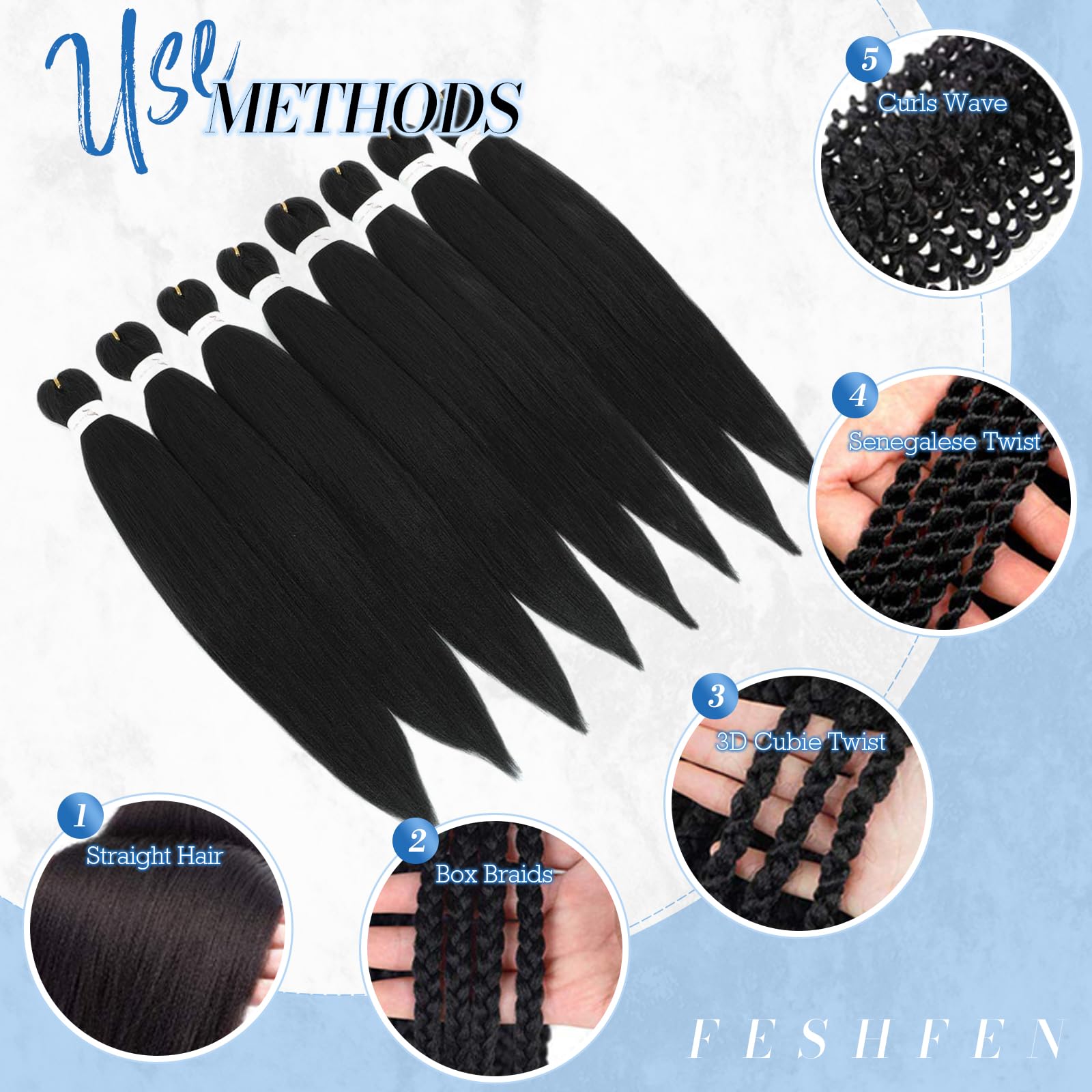 FESHFEN Meches pour Tresses Africaine Rajout Cheveux Tresses Pré étiré Tressage Braiding Hair Synthétiques Yaki 8 Packs Hair Braids Extensions de cheveux pour Femme 65cm Noir cassé à Auburn clair