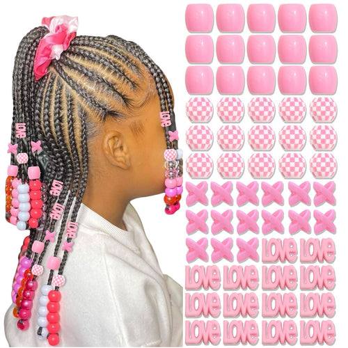 60 perles à cheveux pour enfants filles perles de tresse multicolores rouge X-ronde-LOVE-forme mixte avec aide à l'enfilage