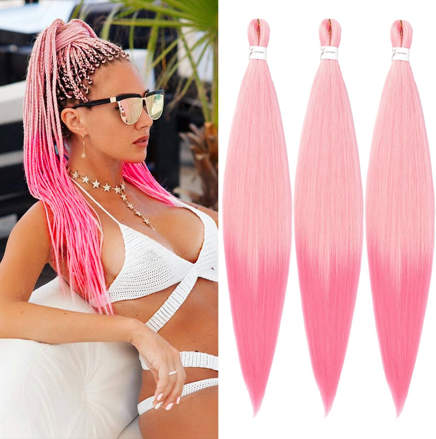 YDDM Meches Pour Tresses Africaine Rose et blanc Rajout Cheveux Tresses Texture Yaki Easy Install pour Debutants 20 Pouces 3 Paquets Cheveux Legers Naturels pour Box Braids Twist Crochet Styles