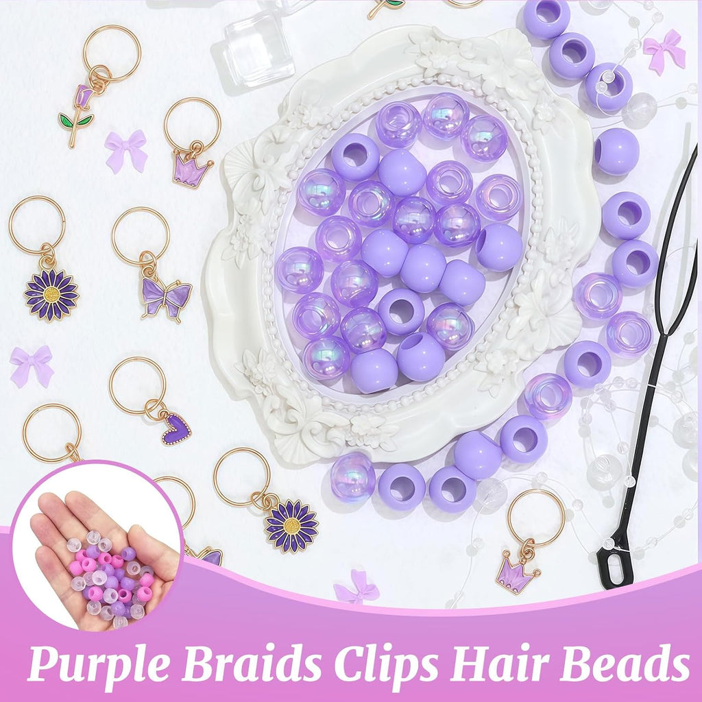 50 pièces de perles violettes pour tresses et dreadlocks – Ensemble d'accessoires de cheveux avec clips fleurs, cœur et couronne – Perles colorées pour filles et femmes – Accessoires de