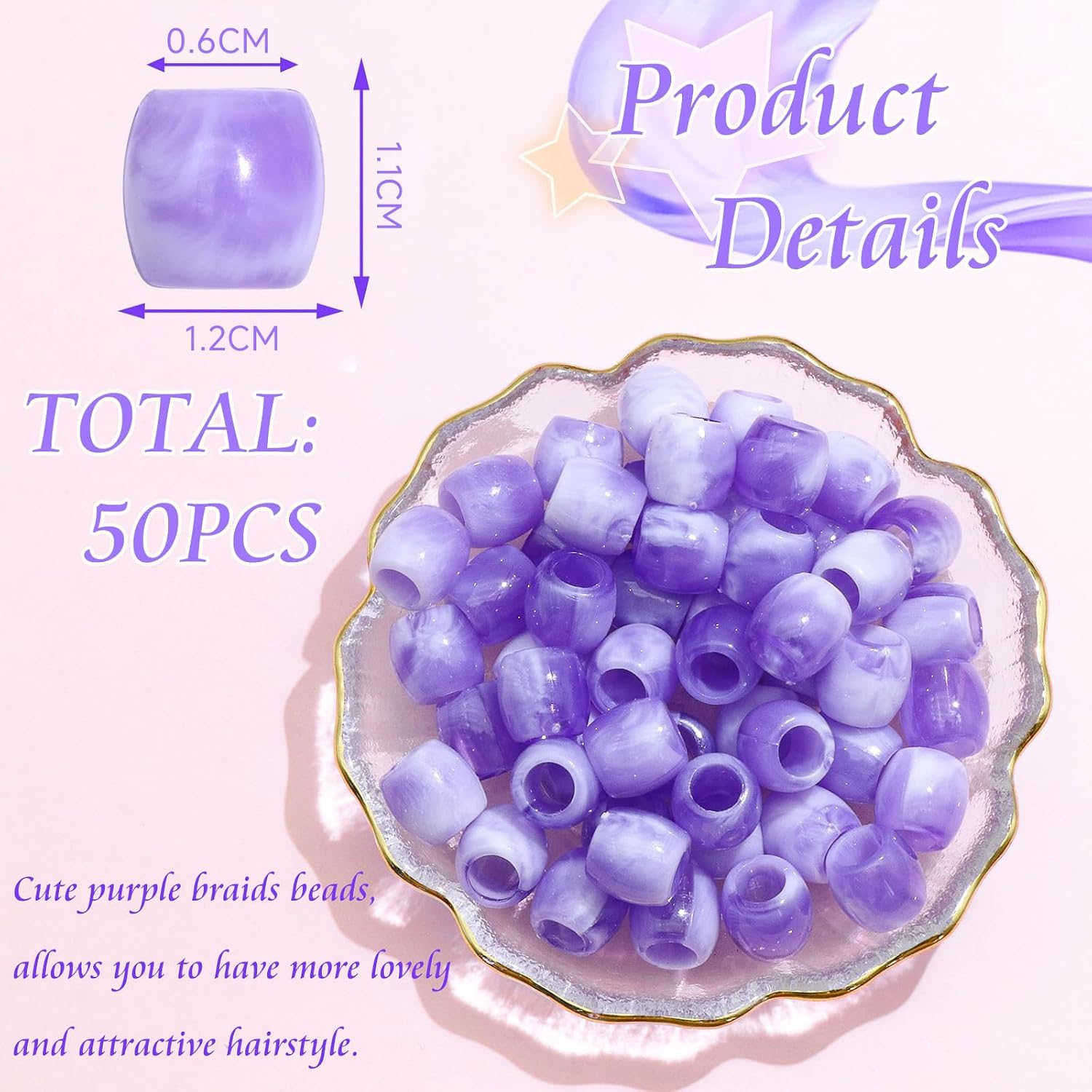50PCS Perles à Cheveux Transparentes pour Tresses, Grosses Perles en Acrylique, Accessoires pour Dreadlocks, Bijoux pour Cheveux pour Enfants Filles avec Aide à