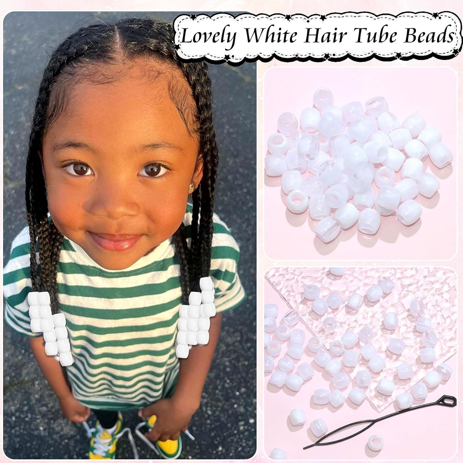 50PCS Perles à Cheveux Transparentes pour Tresses, Grosses Perles en Acrylique, Accessoires pour Dreadlocks, Bijoux pour Cheveux pour Enfants Filles avec Aide à