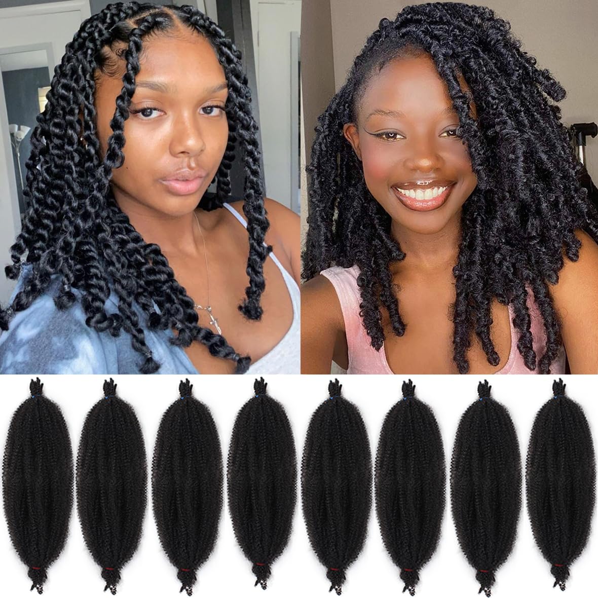 Leeven 16 Pouces Pre Separated Springy Twist Hair 8 Packs Pre-Fluffed Popping Crochet for Distressed Locs Afro Kinky Curly Marley Braiding Hair Extensions /1B#