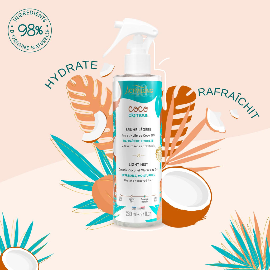 ACTIVILONG - Brume Légère Coco D'Amour - Sans Rinçage - Cheveux Texturés - Rafraîchit, Hydrate - 98% D'Ingrédients Naturels - Made in France - 260ml