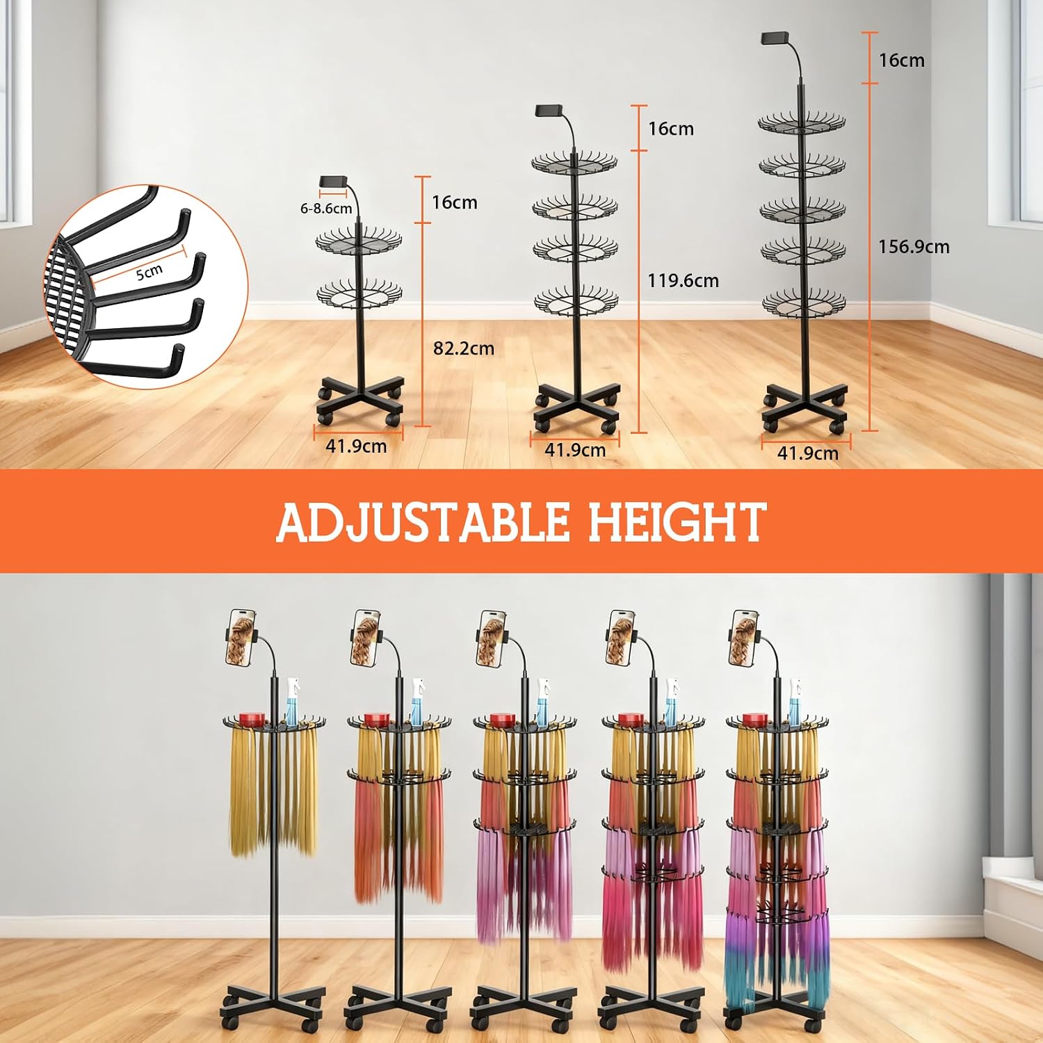 JAOGAUS Support de Perruque, Porte Perruques avec Support pour Téléphone, Réglable en Hauteur avec 140 Pinces pour le Rangement des Perruques, Extension de Cheveux