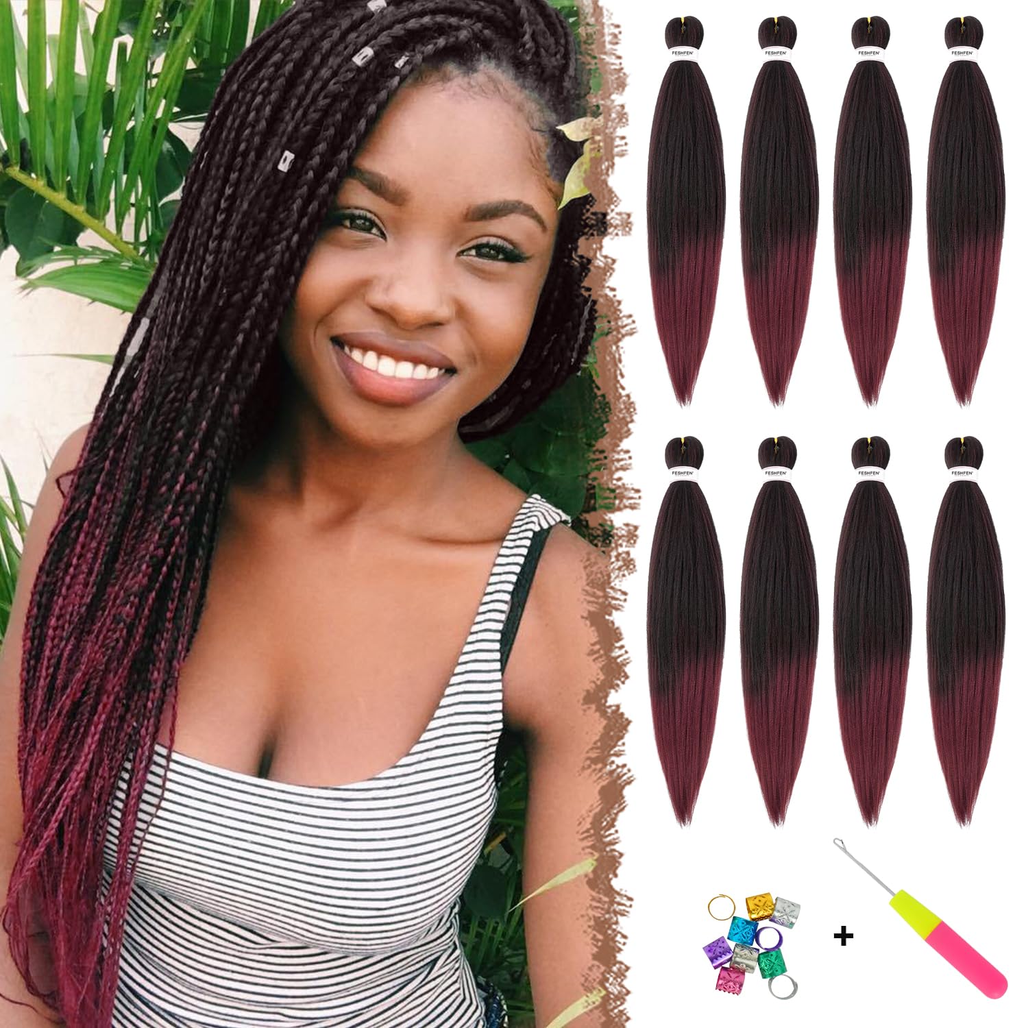 FESHFEN Meches pour Tresses Africaine Rajout Cheveux Tresses Pré étiré Tressage Braiding Hair Synthétiques Yaki 8 Packs Hair Braids Extensions de cheveux pour Femme 65cm Noir cassé à Auburn clair