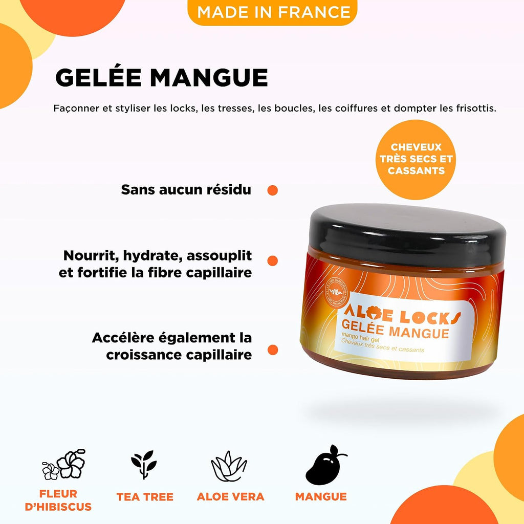 Aloe Locks | Gelée Mangue Fixante | Façonner & Styliser vos locks, Tresses et Boucles | Soin Ultra-Nourrissant | Assouplit la Fibre Capillaire | Pour Cheveux Secs | Fabriqué en France | 300ml