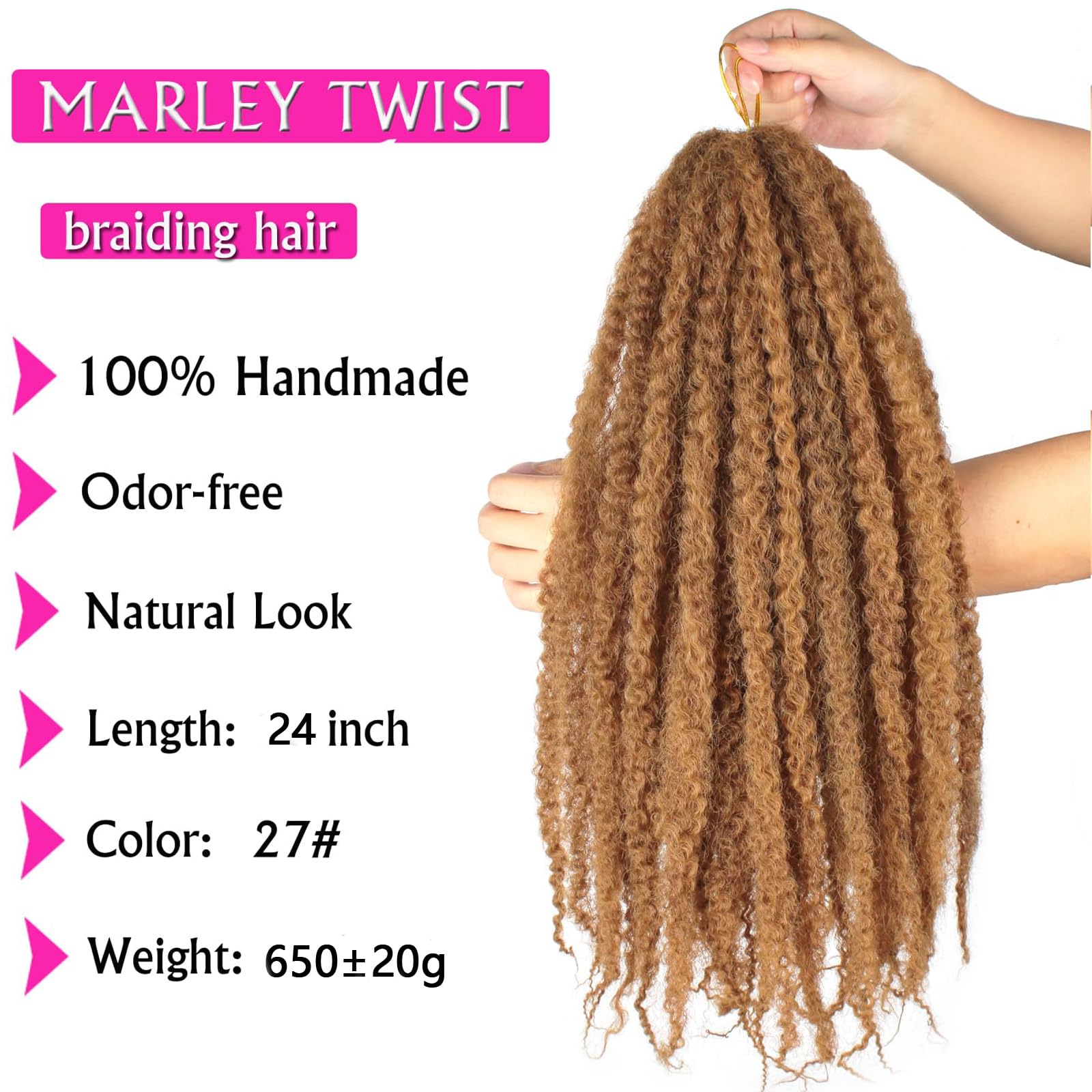 Enbeautiful Marley Twist Hair 24 Inch 8packs Marley Twists Braiding Hair Long Cuban Twist Hair Pre Fluffed Afro Kinky Curly Twists Crochet Hair Synthetic Marley Braids Extensions,27#