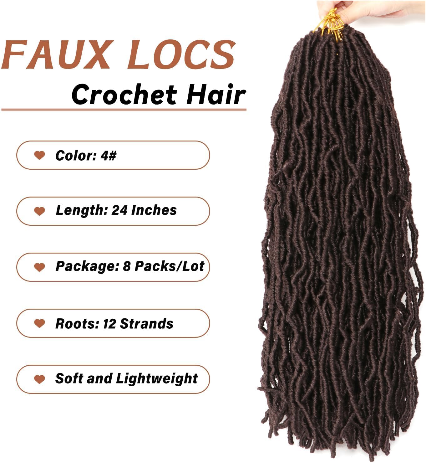 8 Packs Faux Locks Crochet Braids Meches Soft Locs Meches Pour Tresses Africaine Faux Locs Crochet Hair Meches Bouclees Pour Tresses (#1B, 60.9 CM(Lot de 8))