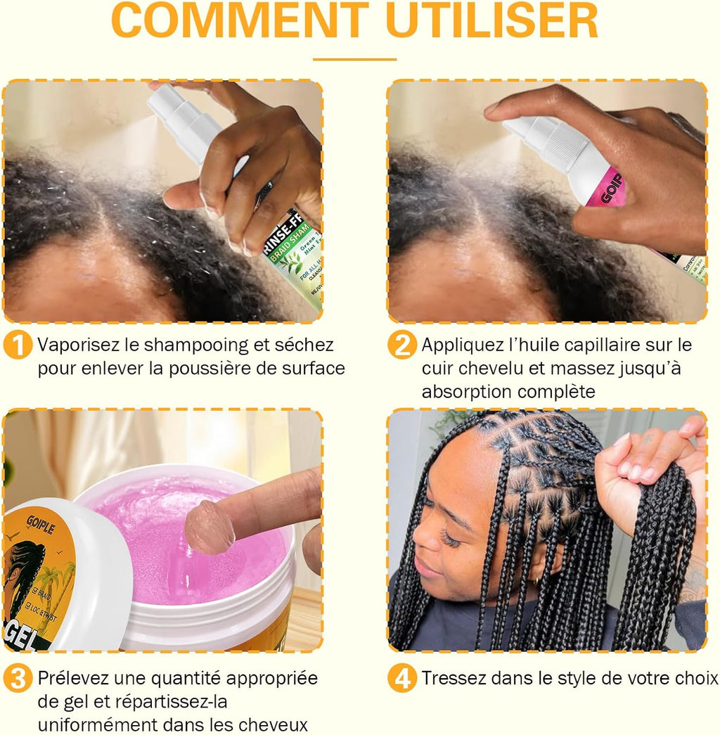 Coffret Gel Cheveux Bouclés avec Shampoing Tressé et Huile Spray – Lissant pour Twists, Locs, Tresses, Cornrows et Contrôle des Bords – Gel Cheveux Afro Kit Soin Coiffant Tressé Facile à Utiliser