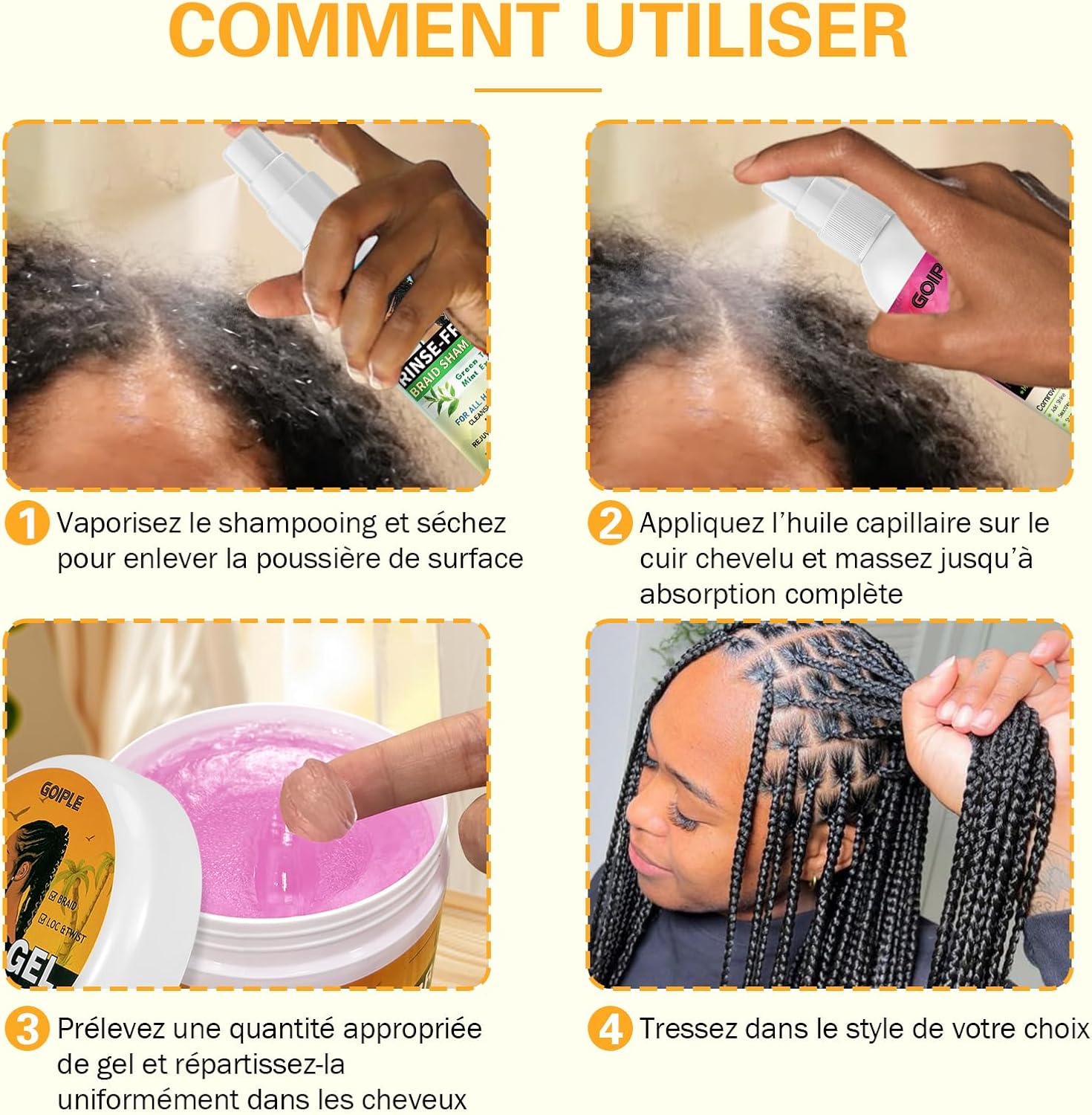 Coffret Gel Cheveux Bouclés avec Shampoing Tressé et Huile Spray – Lissant pour Twists, Locs, Tresses, Cornrows et Contrôle des Bords – Gel Cheveux Afro Kit Soin Coiffant Tressé Facile à Utiliser