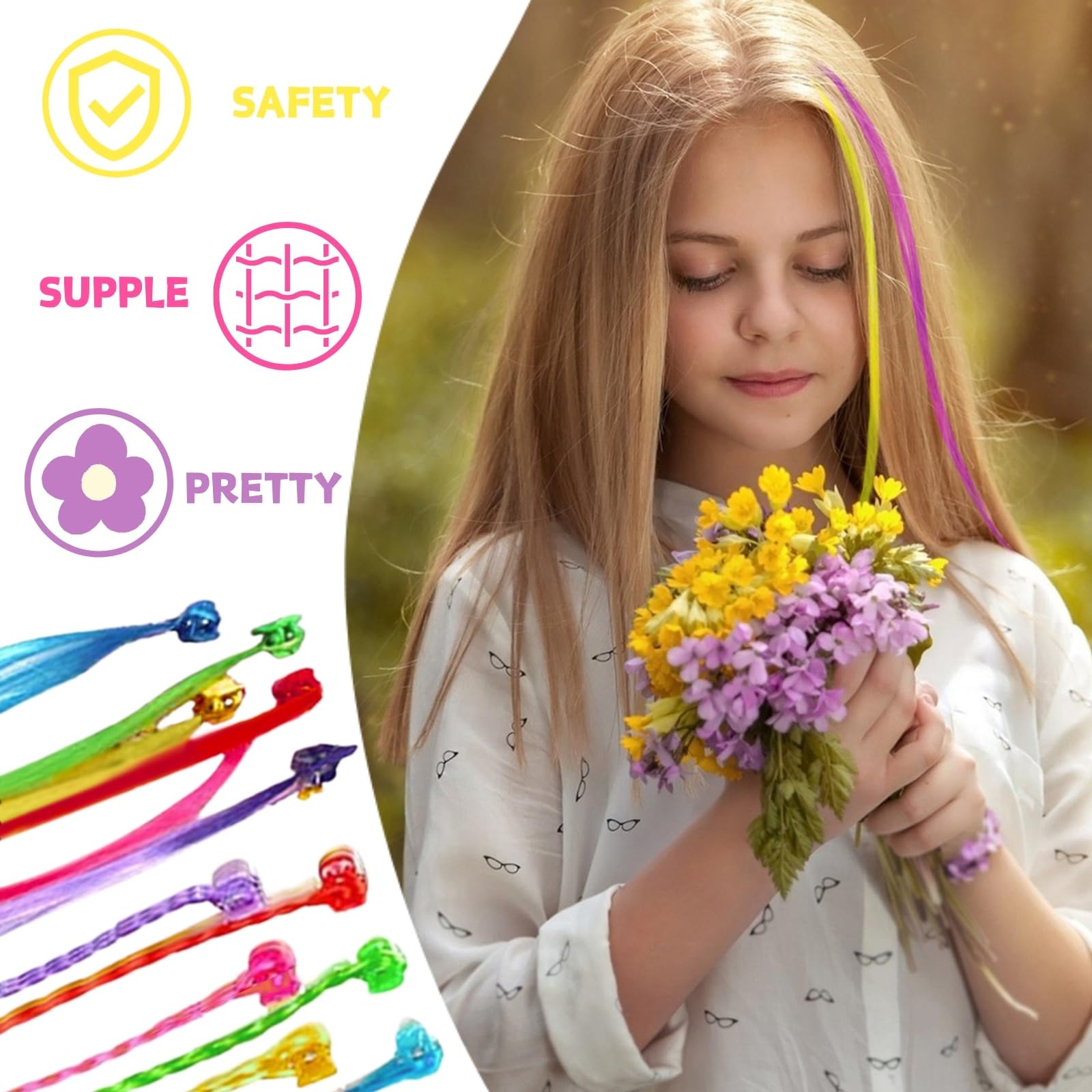 42 Pièces Extensions de Cheveux Couleur avec Clips Cheveux, Kit de Tressage de Cheveux pour Filles et Enfants, Set Accessoires de Coiffure, Rajout Cheveux Tresses pour Fêtes (Série A)