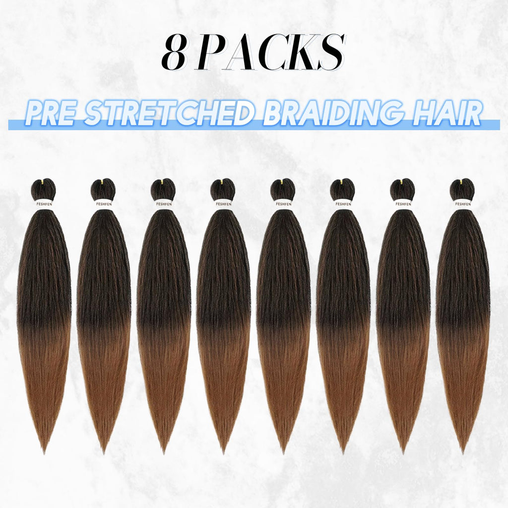 FESHFEN Meches pour Tresses Africaine Rajout Cheveux Tresses Pré étiré Tressage Braiding Hair Synthétiques Yaki 8 Packs Hair Braids Extensions de cheveux pour Femme 65cm Noir cassé à Auburn clair