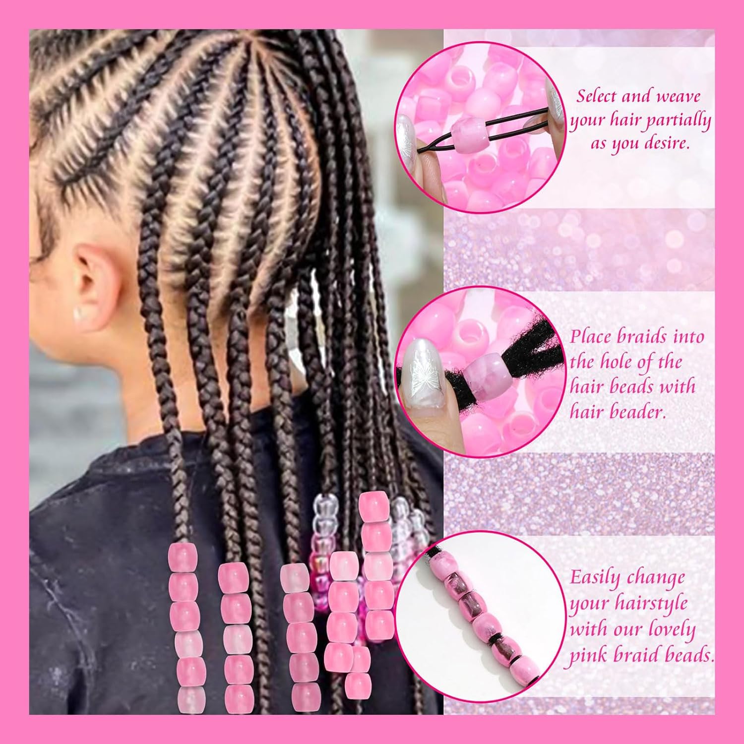 50PCS Perles à Cheveux Transparentes pour Tresses, Grosses Perles en Acrylique, Accessoires pour Dreadlocks, Bijoux pour Cheveux pour Enfants Filles avec Aide à