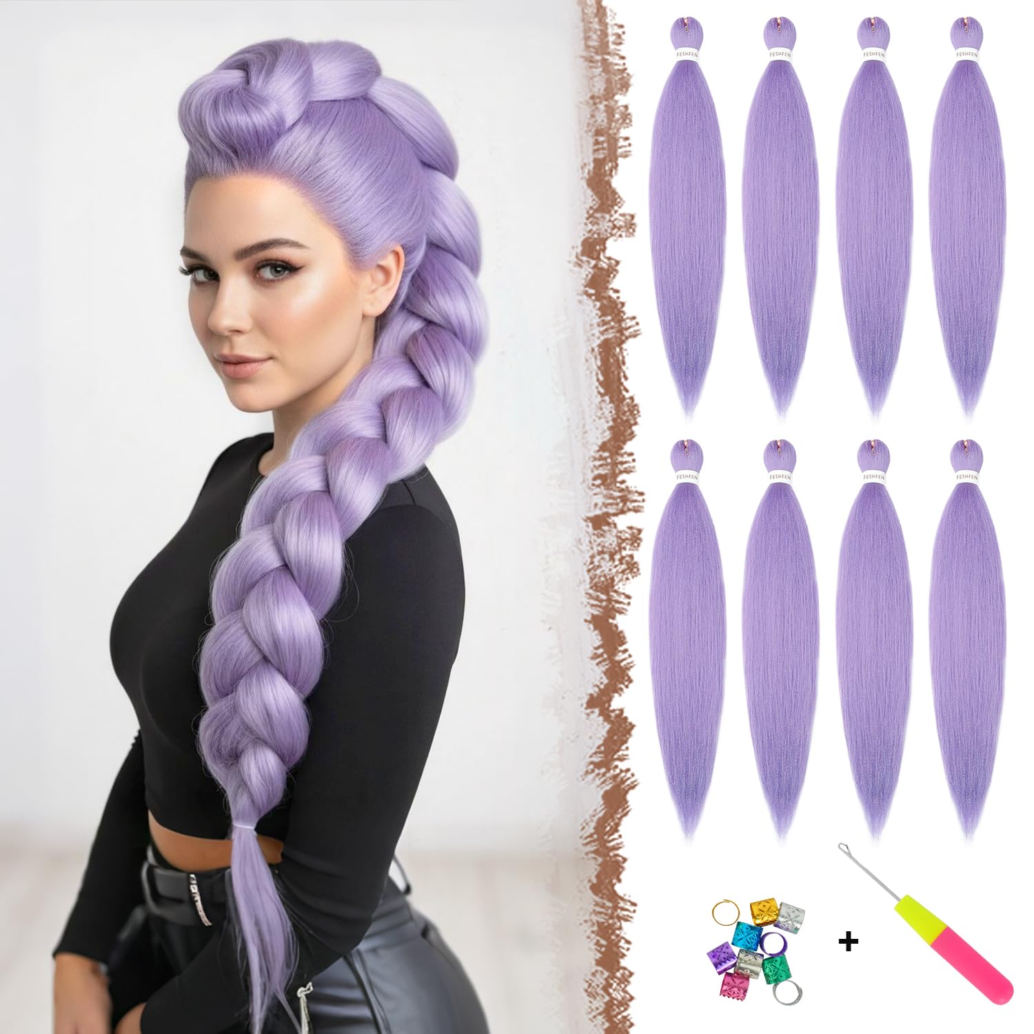 FESHFEN Meches pour Tresses Africaine Rajout Cheveux Tresses Pré étiré Tressage Braiding Hair Synthétiques Yaki 8 Packs Hair Braids Extensions de cheveux pour Femme 65cm Noir cassé à Auburn clair