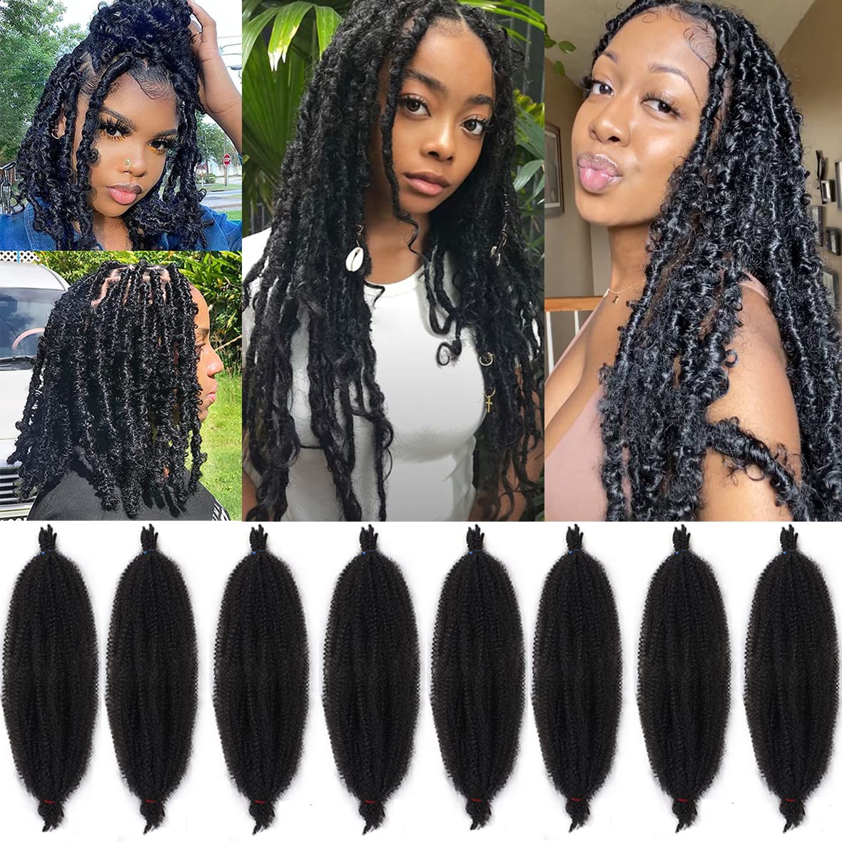Leeven 16 Pouces Pre Separated Springy Twist Hair 8 Packs Pre-Fluffed Popping Crochet for Distressed Locs Afro Kinky Curly Marley Braiding Hair Extensions /1B#