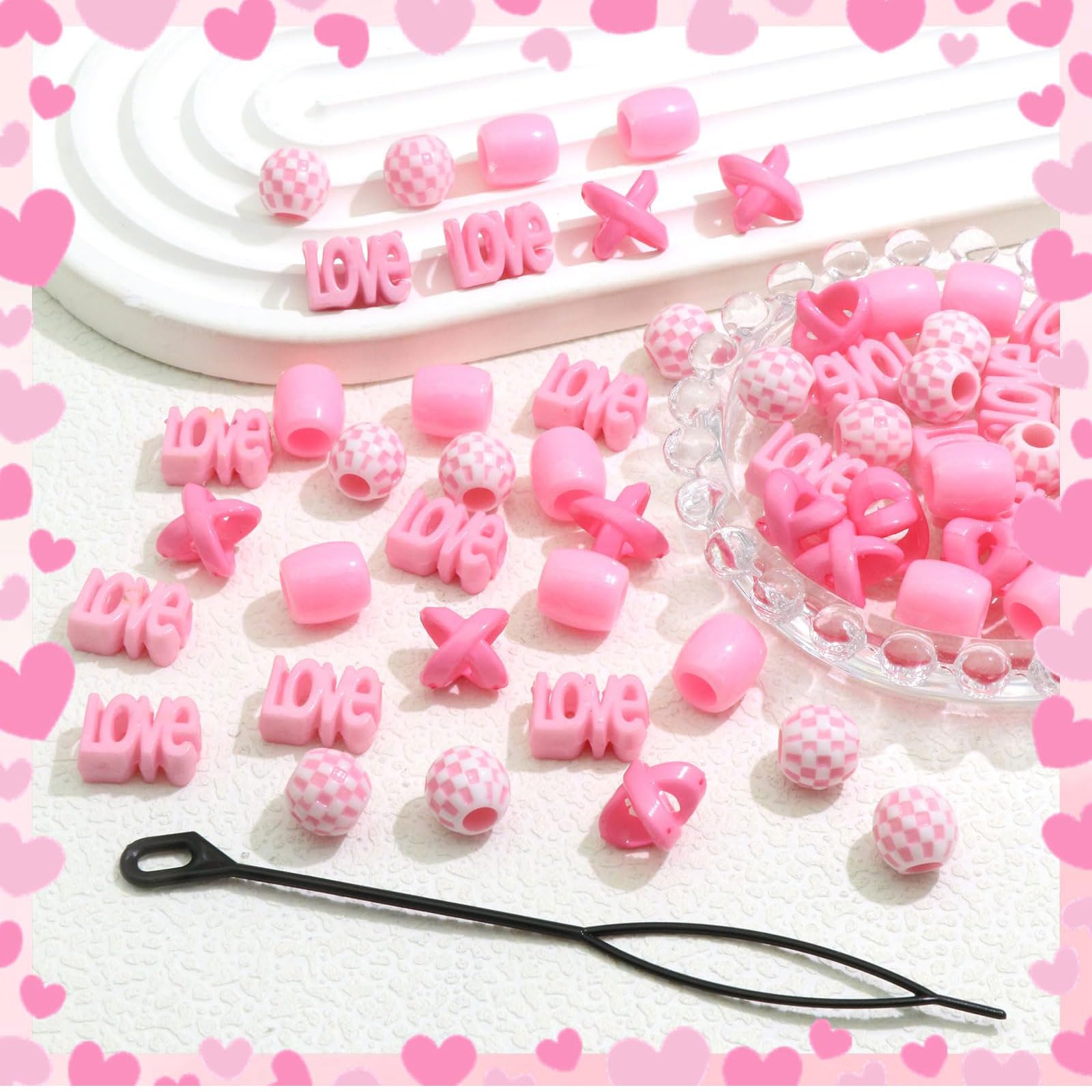 60 perles à cheveux pour enfants filles perles de tresse multicolores rouge X-ronde-LOVE-forme mixte avec aide à l'enfilage