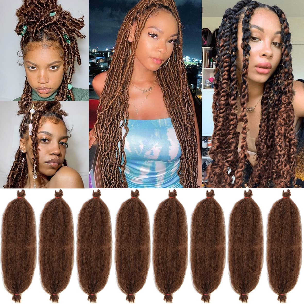 Leeven 16 Pouces Pre Separated Springy Twist Hair 8 Packs Pre-Fluffed Popping Crochet for Distressed Locs Afro Kinky Curly Marley Braiding Hair Extensions /1B#