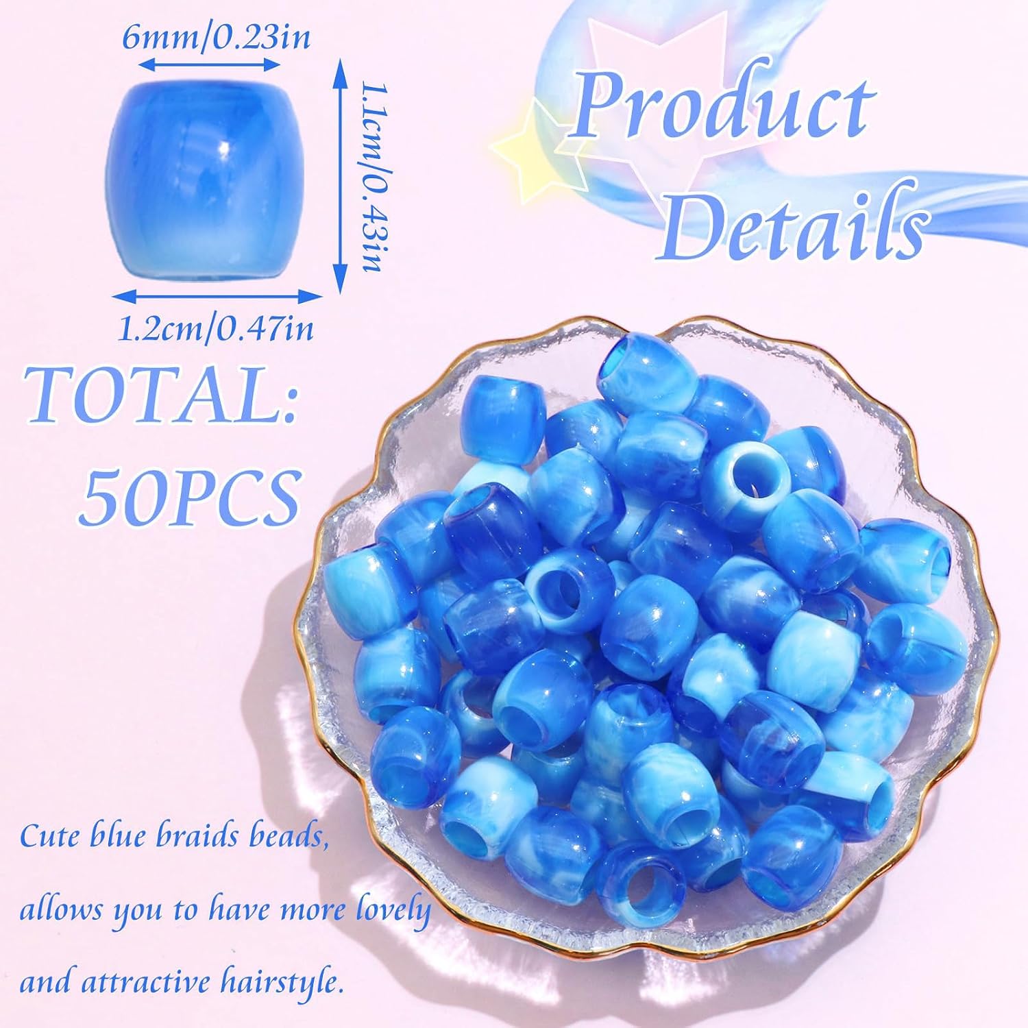 50PCS Perles à Cheveux Transparentes pour Tresses, Grosses Perles en Acrylique, Accessoires pour Dreadlocks, Bijoux pour Cheveux pour Enfants Filles avec Aide à