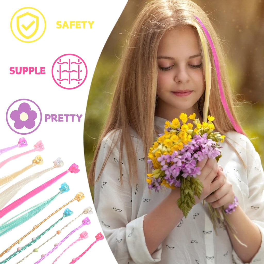 42 Pièces Extensions de Cheveux Couleur avec Clips Cheveux, Kit de Tressage de Cheveux pour Filles et Enfants, Set Accessoires de Coiffure, Rajout Cheveux Tresses pour Fêtes (Série A)