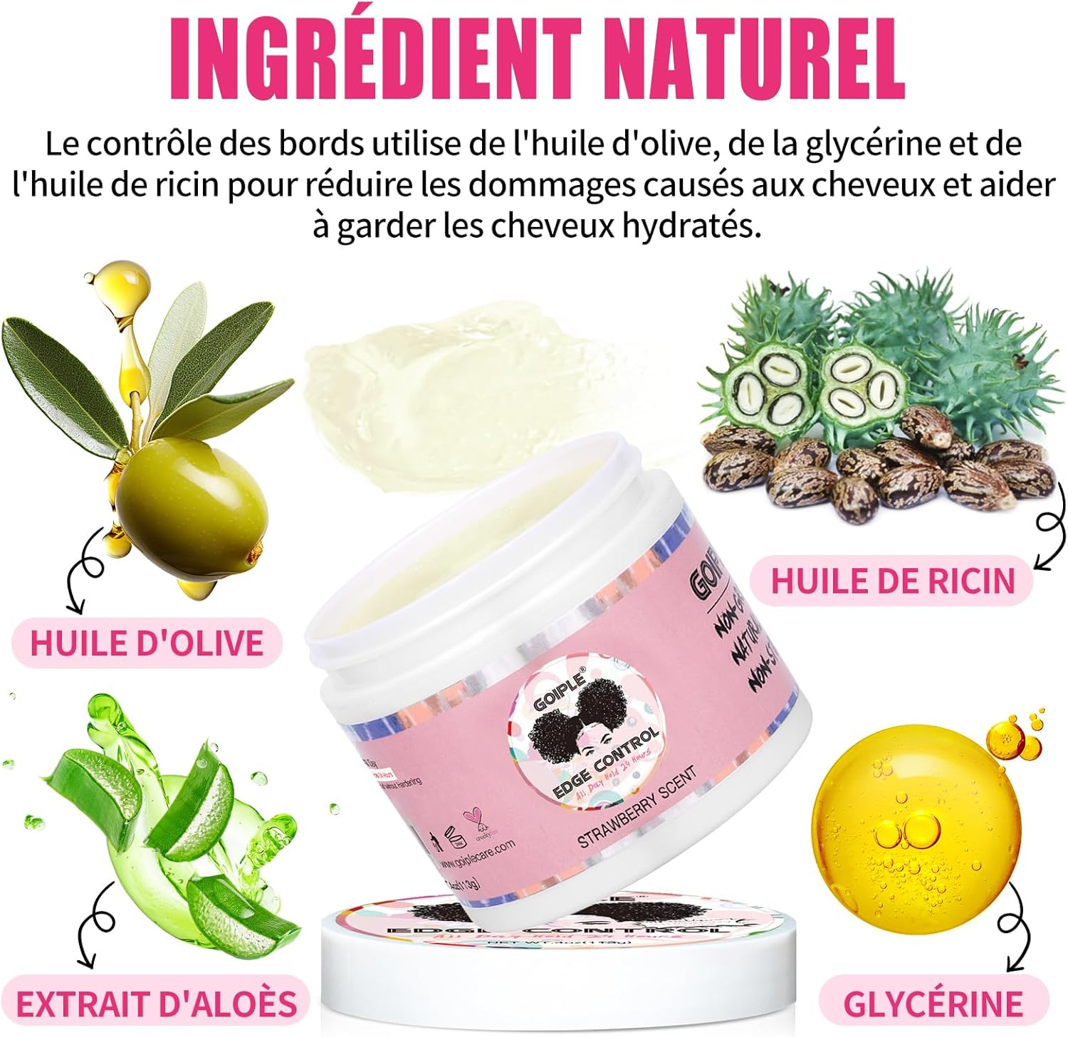 Edge Control Wax for Femmes Forte Tenue -Cire Cheveux Gel pour Cheveux Noirs - Huile Capillaire à la Rose & Ricin pour la Pousse des Cheveux Huile Capillaire Fortifiante Ensemble