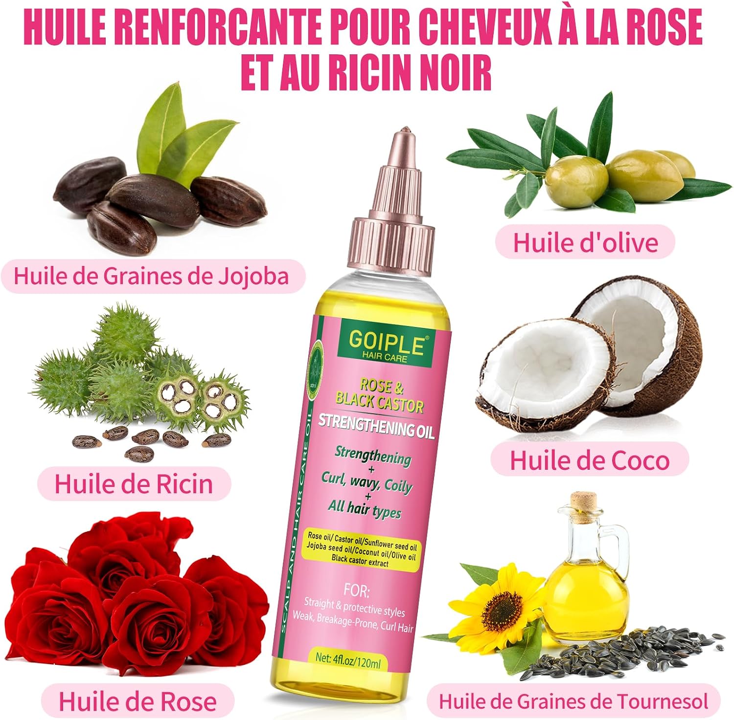 Edge Control Wax for Femmes Forte Tenue -Cire Cheveux Gel pour Cheveux Noirs - Huile Capillaire à la Rose & Ricin pour la Pousse des Cheveux Huile Capillaire Fortifiante Ensemble