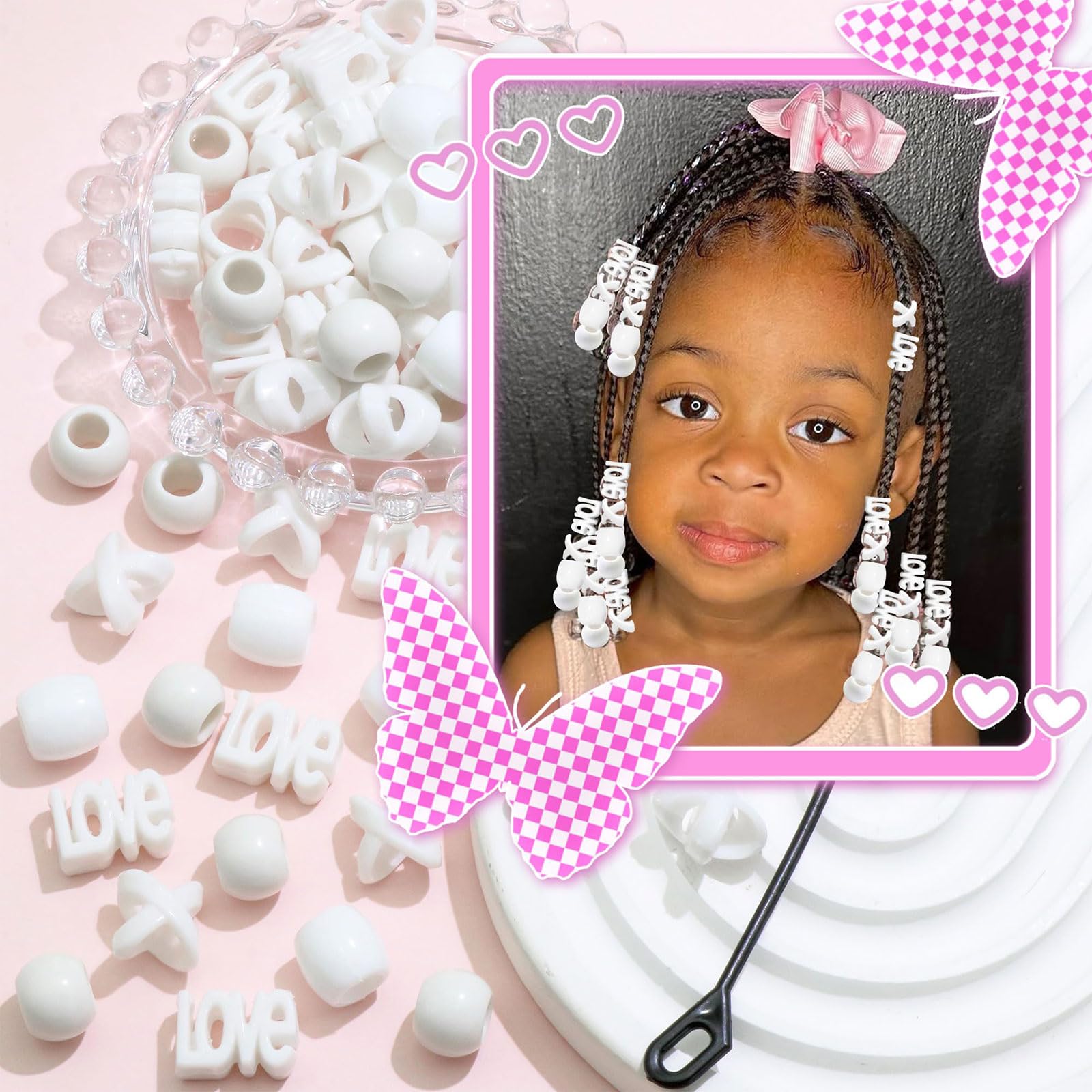 60 perles à cheveux pour enfants filles perles de tresse multicolores rouge X-ronde-LOVE-forme mixte avec aide à l'enfilage
