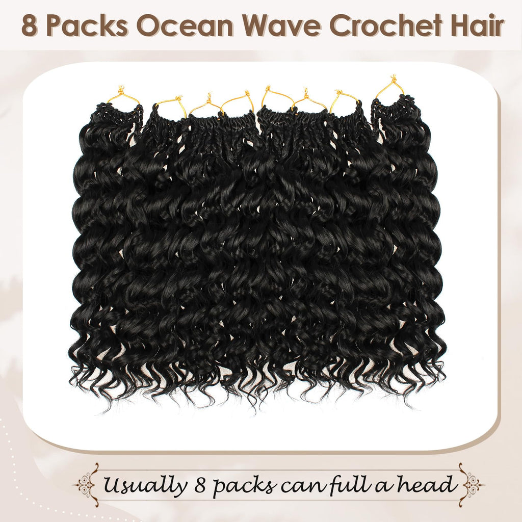 Enbeautiful 14 Inch 8 Packs Pre-Looped Ocean Wave Crochet Hair Pre-Twisted Deep Water Beach Curly Braiding Hair Synthetic Boho Wavy Curly Hair Extensions for Women（14 Inch,TBug）