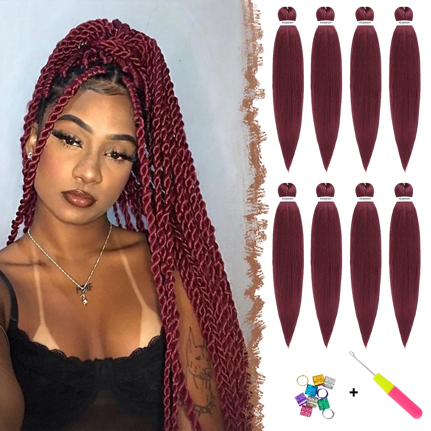FESHFEN Meches pour Tresses Africaine Rajout Cheveux Tresses Pré étiré Tressage Braiding Hair Synthétiques Yaki 8 Packs Hair Braids Extensions de cheveux pour Femme 65cm Noir cassé à Auburn clair