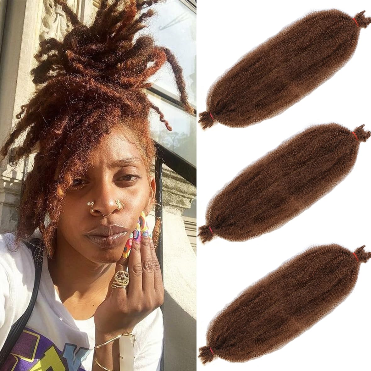 Leeven 16 Pouces Pre Separated Springy Twist Hair 8 Packs Pre-Fluffed Popping Crochet for Distressed Locs Afro Kinky Curly Marley Braiding Hair Extensions /1B#