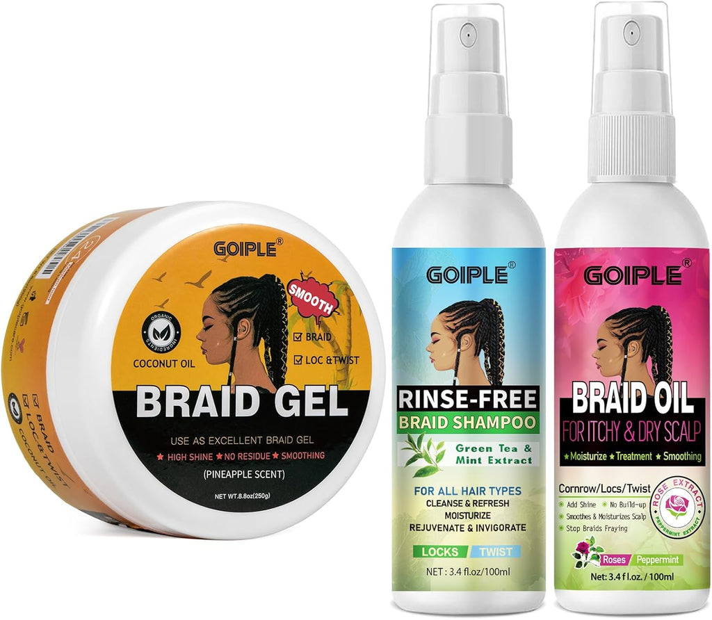 Coffret Gel Cheveux Bouclés avec Shampoing Tressé et Huile Spray – Lissant pour Twists, Locs, Tresses, Cornrows et Contrôle des Bords – Gel Cheveux Afro Kit Soin Coiffant Tressé Facile à Utiliser