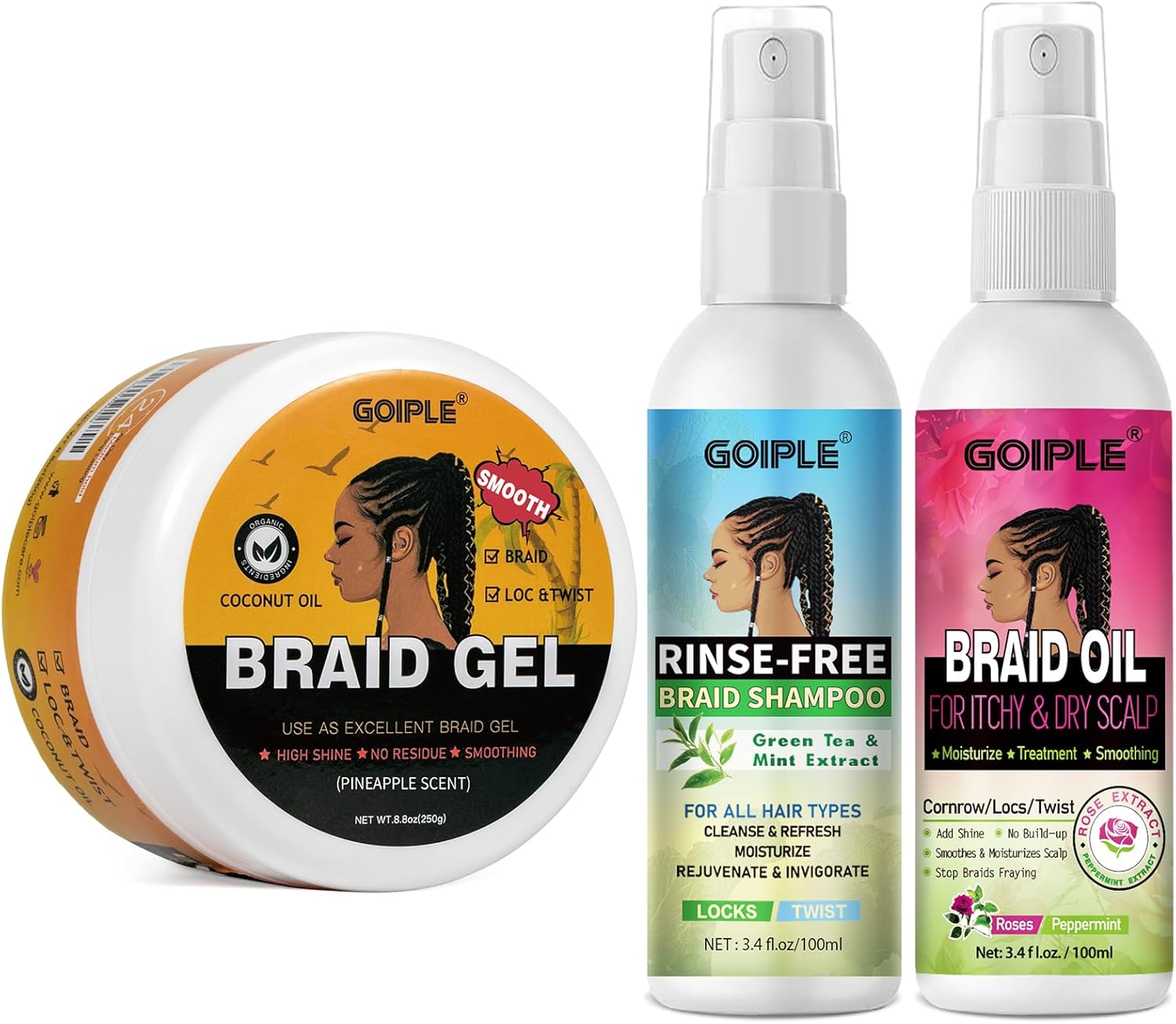 Coffret Gel Cheveux Bouclés avec Shampoing Tressé et Huile Spray – Lissant pour Twists, Locs, Tresses, Cornrows et Contrôle des Bords – Gel Cheveux Afro Kit Soin Coiffant Tressé Facile à Utiliser