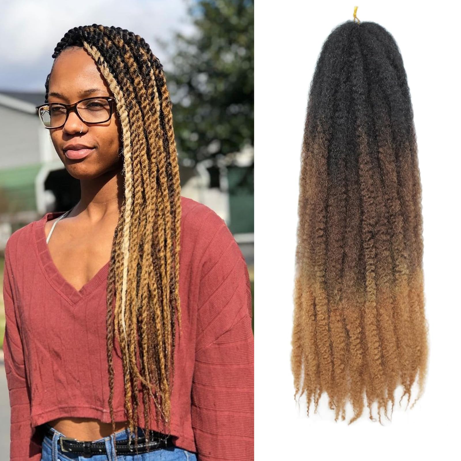 Enbeautiful Marley Twist Hair 24 Inch 8packs Marley Twists Braiding Hair Long Cuban Twist Hair Pre Fluffed Afro Kinky Curly Twists Crochet Hair Synthetic Marley Braids Extensions,27#