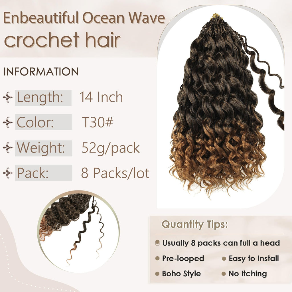 Enbeautiful 14 Inch 8 Packs Pre-Looped Ocean Wave Crochet Hair Pre-Twisted Deep Water Beach Curly Braiding Hair Synthetic Boho Wavy Curly Hair Extensions for Women（14 Inch,TBug）