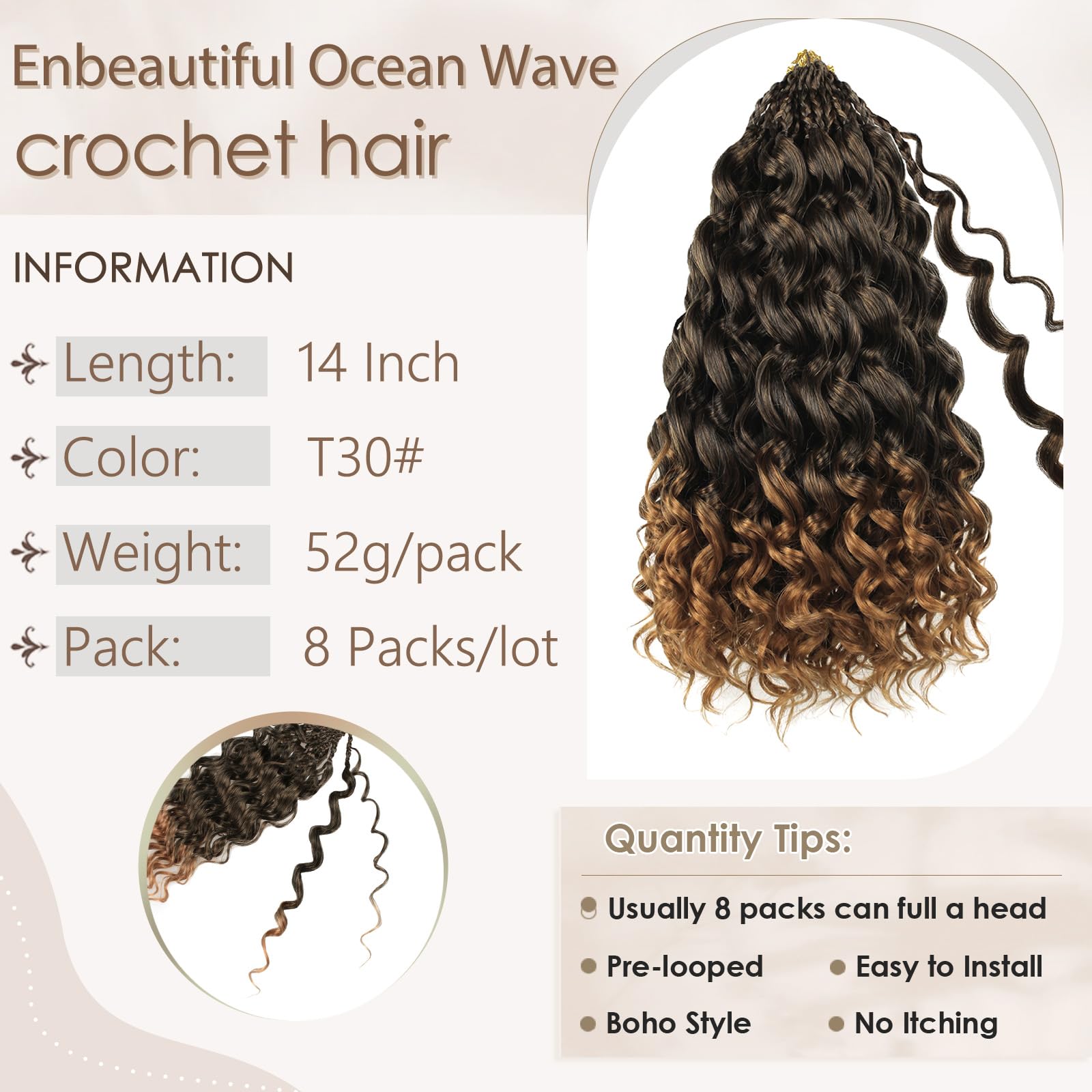 Enbeautiful 14 Inch 8 Packs Pre-Looped Ocean Wave Crochet Hair Pre-Twisted Deep Water Beach Curly Braiding Hair Synthetic Boho Wavy Curly Hair Extensions for Women（14 Inch,TBug）
