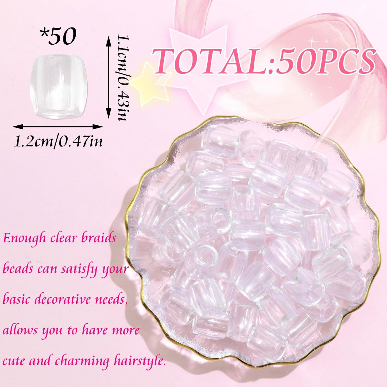 50PCS Perles à Cheveux Transparentes pour Tresses, Grosses Perles en Acrylique, Accessoires pour Dreadlocks, Bijoux pour Cheveux pour Enfants Filles avec Aide à