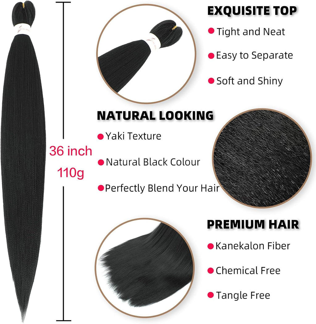 Rajout Cheveux Tressés Pré-étirés Noir Naturelles Black 30 Pouces Long Kanekalon Easy Braids Meches Cheveux pour Tresses Africaine 6 Paquets Knotless Yaki Nattes Extensions de Cheveux(1B#)