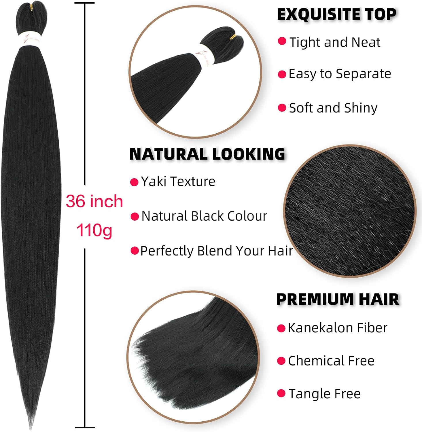 Rajout Cheveux Tressés Pré-étirés Noir Naturelles Black 30 Pouces Long Kanekalon Easy Braids Meches Cheveux pour Tresses Africaine 6 Paquets Knotless Yaki Nattes Extensions de Cheveux(1B#)
