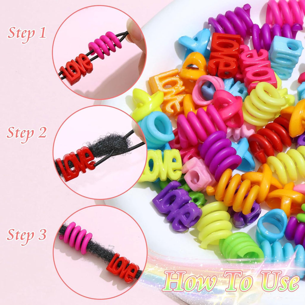 60 pièces perles à cheveux multicolores pour filles enfants tresses dreadlocks multi-formes LOVE spirale X avec aide à l'enfilage