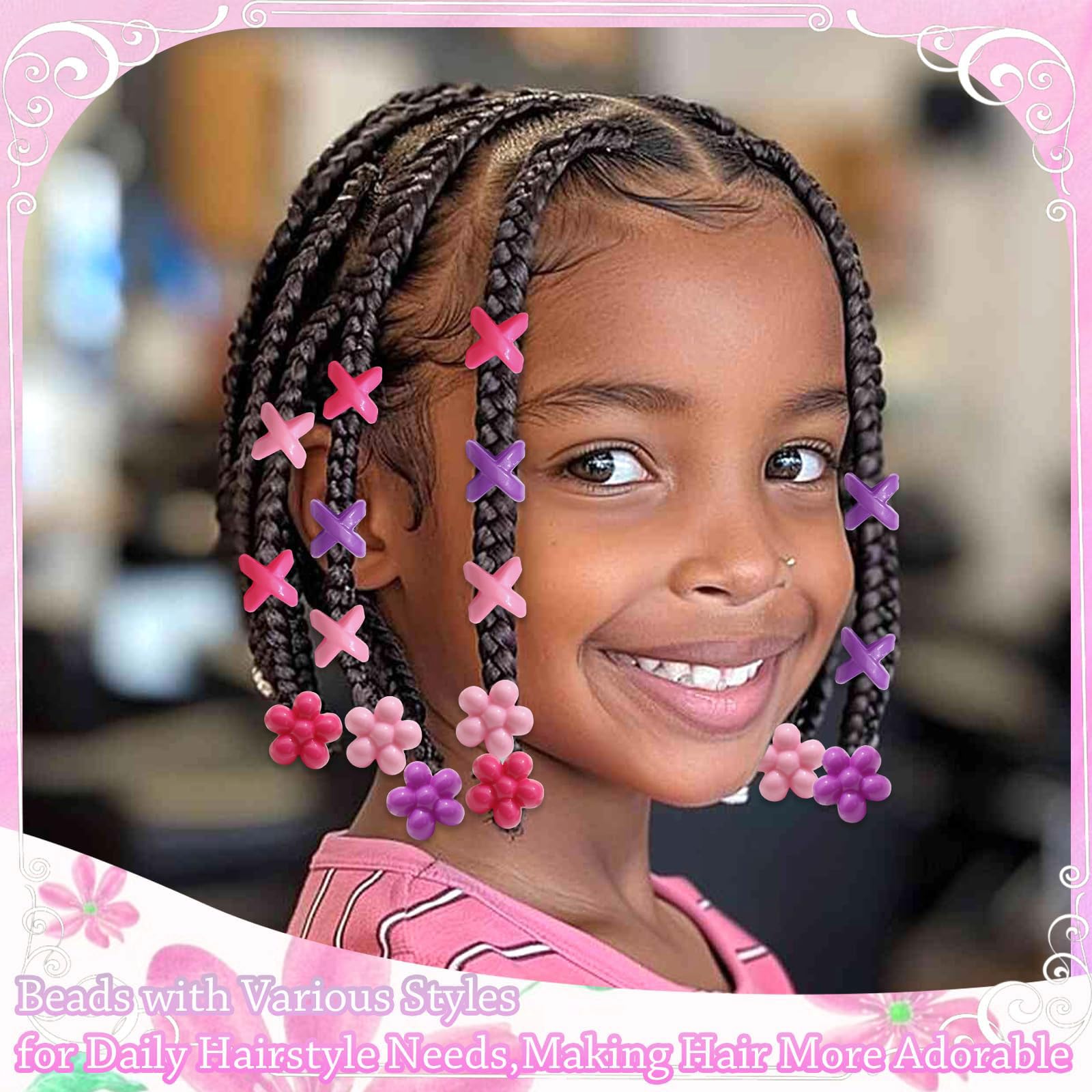 60 perles à cheveux fleuries pour enfants filles, perles à tresses multicolores, mélange de violet, rose et rose clair avec aide à l'enfilage