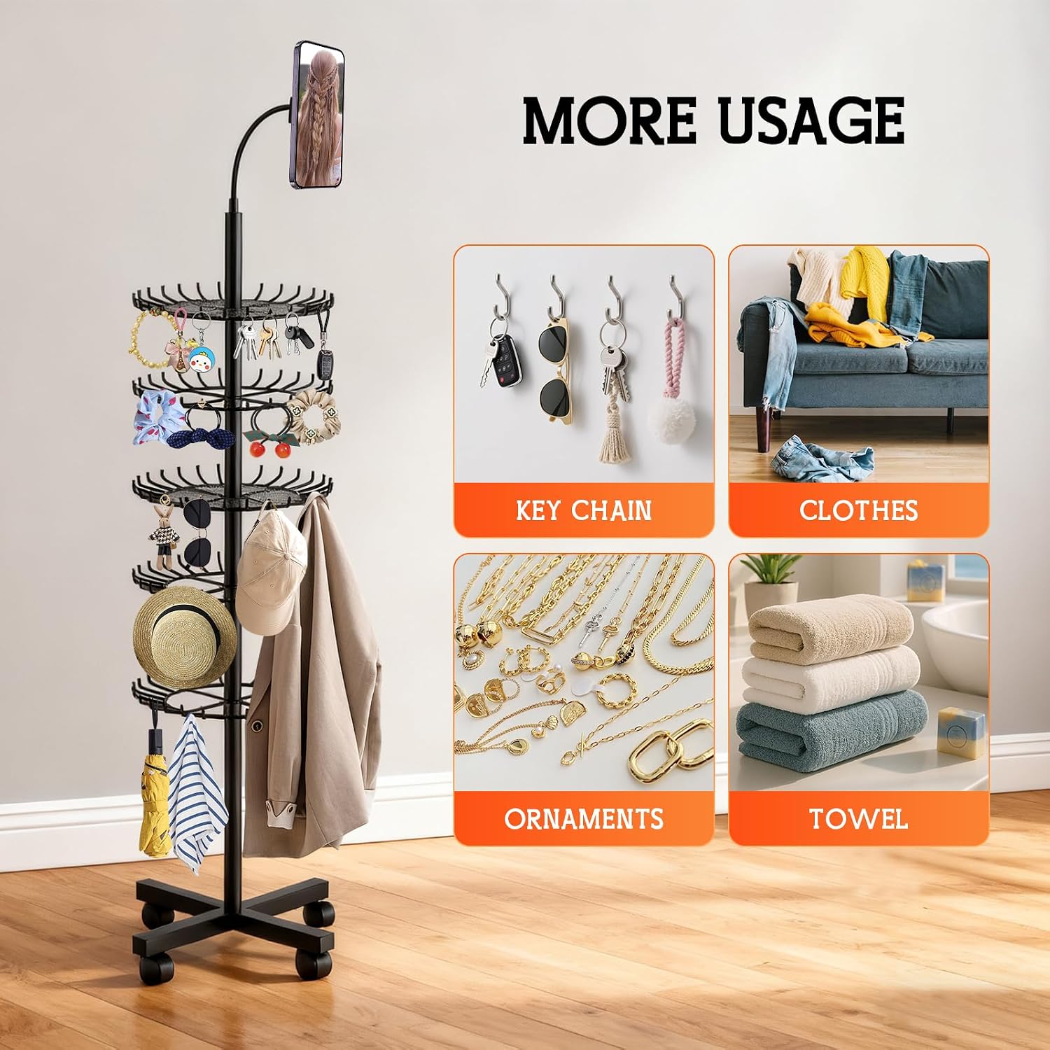 JAOGAUS Support de Perruque, Porte Perruques avec Support pour Téléphone, Réglable en Hauteur avec 140 Pinces pour le Rangement des Perruques, Extension de Cheveux